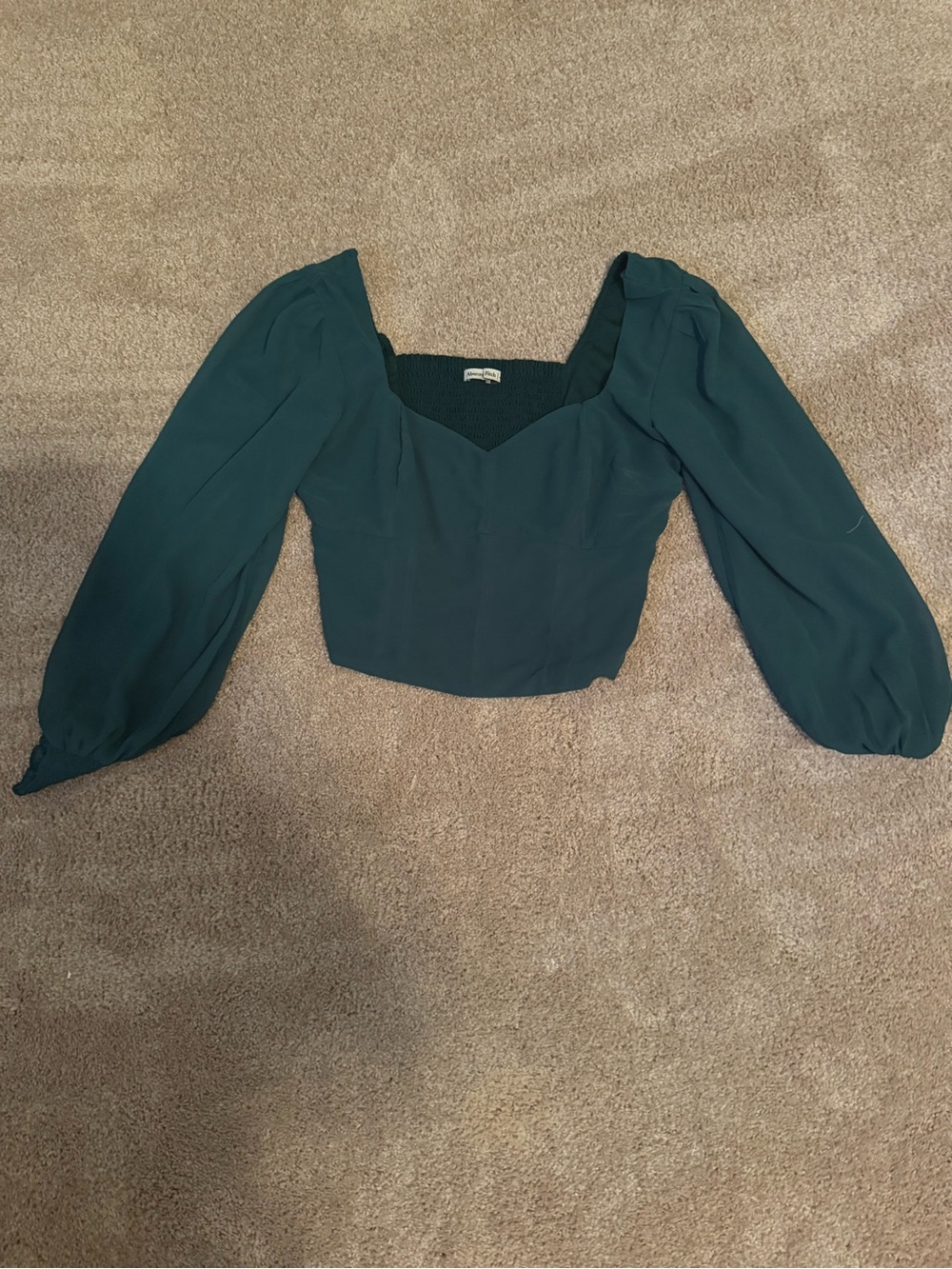 Abercrombie & Fitch Teal Long Puff-Sleeve Square Neck Crop Top